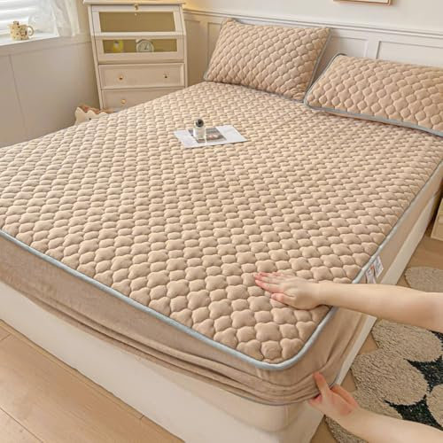 Musihy Spannbettlaken Spannbetttuch 200 x 220cm Einfarbig Floral Strukturiert Bettwäsche Spannbetttuch Matratzenschoner, Atmungsaktiv, Khaki