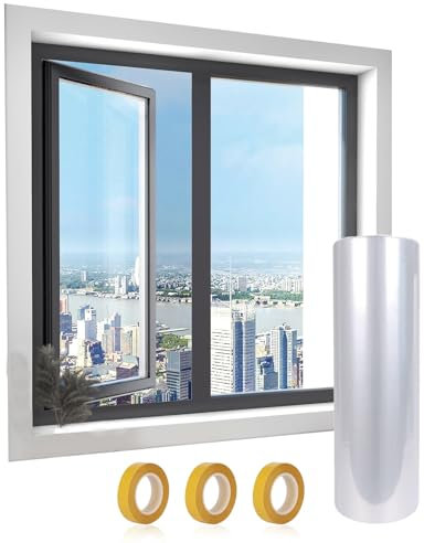Indoor Window Shrink Film Kit 1.6m x 12m, Double Sided Tape 1.5cm x 20m x 3 Rolls, POF Insulating Shrink Film for Windows, High Definition Transparent