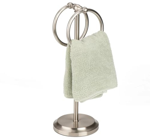 J&V TEXTILES Steel Towel Rack Holder Stand with 2 Hanging Rings for Bathroom Vanity Countertops - Space Saving Hand Towel Holder (Brushed Satin Nickel)