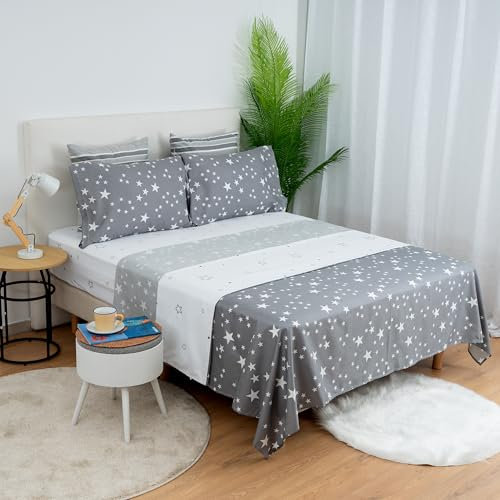 H HANSEL HOME Juego de Sábanas Cama 150, Juego Sábanas 150x190/200cm 4 Piezas, Microfibra Extra Suave, Sábanas Bajera Ajustable, Encimera, 2 Fundas de Almohada - Juego Sabanas Estrella Gris