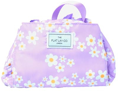 The Flat Lay Co. Makeup Bag - Lilac Daisy Travel Make Up Organiser for Cosmetics, Eyeshadow, Make-Up Brushes, Lipstick & Tools - Drawstring Makeup Bag Storage with Brush Holder & Large Pockets