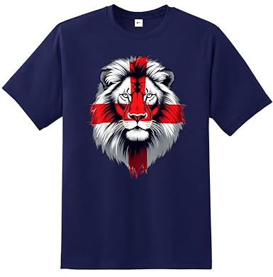 English St George Flag Lion Face T-Shirt | England National Pride Top St George’s Cross Graphic Tee | Patriotic Unisex Shirt for Men Women Kids Football Rugby Supporters Fan Apparel UK Navy