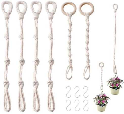 PYSEOSISE Rallonges de Suspension Plante, 6 Pièces Support de Plantes Macramé, Suspension Pot de Fleurs en Corde de Coton Beige Style Bohème avec Crochets pour Extérieur Jardin et Balcon