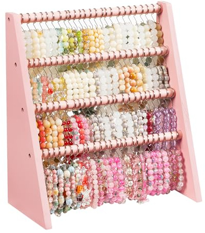 Emfogoo 4 våningar armbandshållare, träarmband stativ förvaring, stor kapacitet stående förvaring för presentation av armband, klockor och klockor, för hem, hantverkshows och butik (rosa)