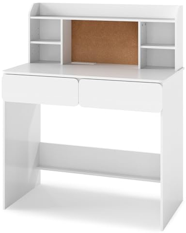 GYMAX Kids Study Desk, Children Writing Table with Cork Bulletin Board, 2 Drawers, Charging Station & Adjustable Shelves, Multifunctional Student Workstation for Bedroom, Kid’s Room (White)