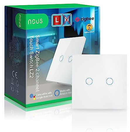 Smart Doppelter Lichtschalter Touch ZigBee, funktioniert mit neutral und ohne neutral Lichtschalter Touch für Alexa, Smarter Lichtschalter Unterputz, Lichtschalter Glas, MQTT, ZigBee2MQTT - NOUS LZ2