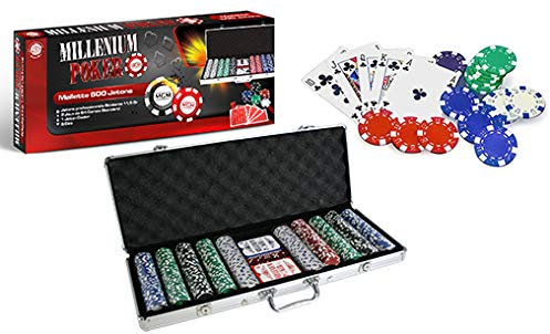 MGM GAMES - Pokerchip-Koffer mit 500 Jetons - Mehrfarbig - 140500 - Kartenspiel - Metall - 2 bis 6 Spieler - Spielkarten - Gesellschaftsspiele - 11,5 g - 56 cm x 21 cm