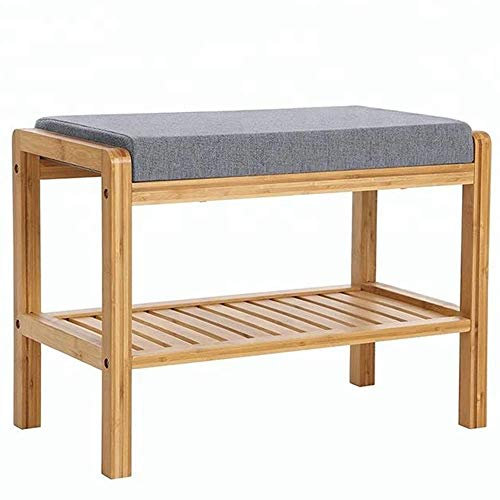 BAKAJI Banco Zapatero para Entrada de casa con Estante para Zapatos de Madera de bambú Banco con cojín Acolchado de Tela Gris Dimensiones: 60 x 32 x 44 cm