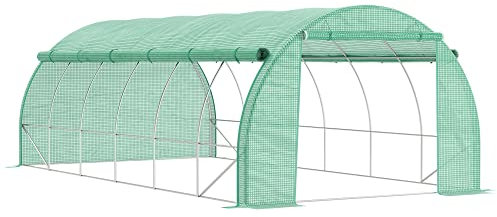 Outsunny Foliengewächshaus Polytunnel 6 x 3 x 2 m begehbares Gewächshaus mit aufrollbar Abdeckungen Folientunnel Treibhaus UV-Schutz Stahlrohr Grün