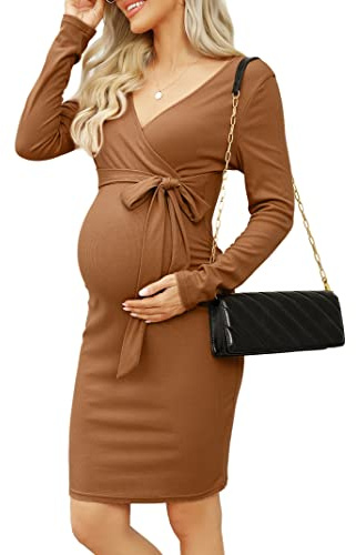 KOJOOIN Gonna Premaman da Donna Vestiti Premaman a Maniche Lunghe Stretto con Scollo a V Tuta Premaman Abbigliamento da Festa al Ginocchio con Cintura (Confezione Multipla), A-Cachi, XL