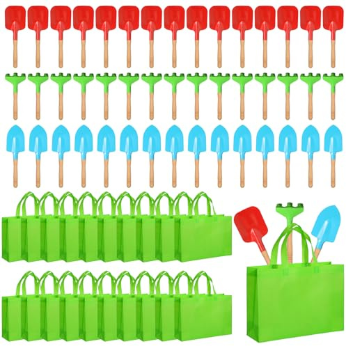 Liliful 40 Pcs Kids Gardening Tools Set Garden Rake Garden Shovel Gardener Trowel Green Tote Bags Metal Mini Gardening Tools with Wooden Handle Beach Sandbox Toy for Planting Loosening Digging