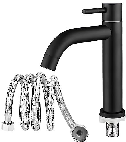 SLFYEE 180mm Grifo Para Lavabo De Baño, Grifo Curvo De Agua Fría, Grifo De Agua Fría Negro, Acero Inoxidable 304 Para Cocina Y Baño