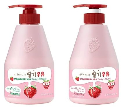 Kwailnara Strawberry Milk Body Wash & Lotion Set (19.75 Oz Each) – 2-Piece Korean Skincare Duo for Hydrated & Smooth Skin | Milk Protein, Royal Jelly & Exfoliating Strawberry Extract | Paraben-Free
