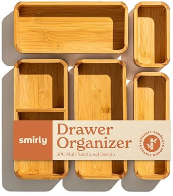 SMIRLY 5-Piece Bamboo Kitchen Drawer Organizer Set for Large and Small Utensils, Multi-use Storage Box - Bathroom, Nightstand, Jewelry, Cutlery, Knife, Spice, Towel, Junk Drawer Tray