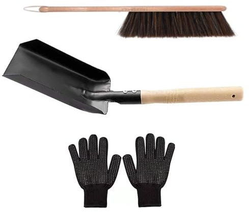 Lezevn 3Pcs Fireside Companion Tool Set Fireplace Dustpan with Brush with Gloves Metal Fireside Companion Cleaning Shovel Long Handle Brush