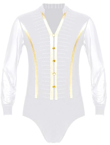 Jowowha Herren Latein Shirt Langarm Body Overall V-Ausschnitt Hemdbody Gymnastik Leotard Tops Eiskunstlauf Body Chacha Salsa Ballsaal Tanzkostüm Weiß XXL