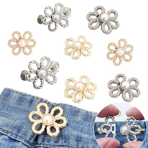 Lot de 8 paires de broches à bouton pour jeans en forme de pétale clip pour faire des pantalons serrés, boucles de taille réglables sans clous, pour jeans vêtements amples