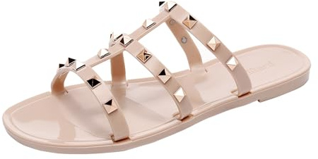 OMGard Women Flats Sandals, Studded Jelly Shoes Size 9 Red Dressy Summer Beach Rivets Strappy Jellies Slide Slip On Open Toes