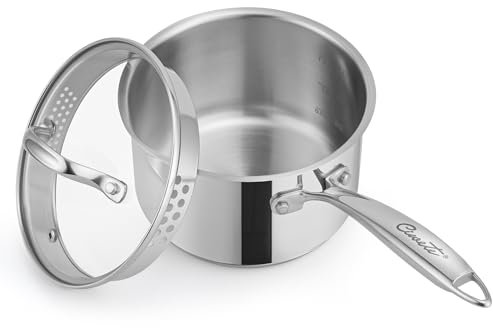 Ciwete 2 Qt Stainless Steel Saucepan with Glass Strainer Lid, 2 Quart Pot Stainless Steel Sauce Pan with Pour Spout, Mirror Polishing, Compatible with All Cooktops Dishwasher Safe Oven Safe
