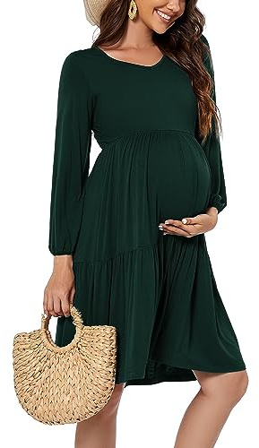 Smallshow Women's Maternity Dress Long Sleeve Ruffle Pregnancy Clothes Deep Green M