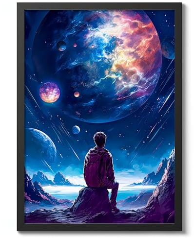 Stargazer Space Poster, Colourful Abstract Astronomy Wall Art Home Decor, Astronaut Planets Print, Archival Matte, A2 (Black Frame) - 59.4x42cm