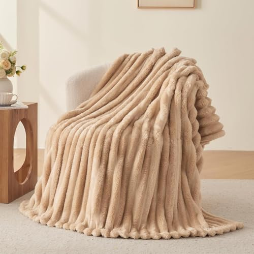 Wajade Fluffy Flannel Blanket Faux Fur Bed Throw Super Soft Warm Large Blanket for Bed Sofa Car,Linen 153x203CM