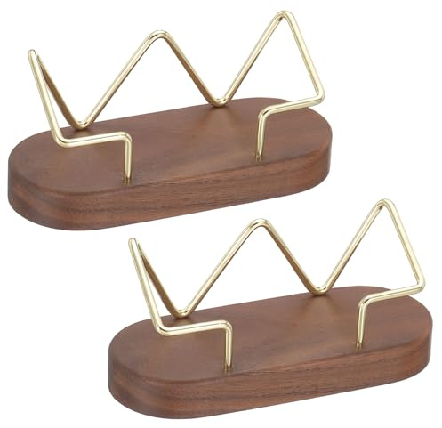 PATIKIL Visitkortshållare i trä för skrivbord, 2 st skrivbord visitkortshållare trä namnkort visningsstativ organiserare för kontor hem utställning, valnötsfärg, guld (oval baserad)