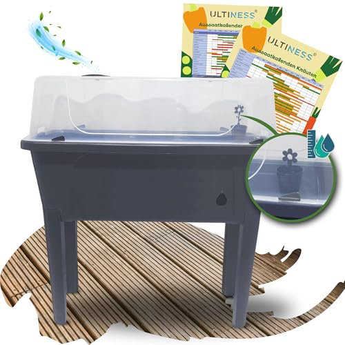 Ultiness® Hochbeet Balkon mit Abdeckung Anabell 50 L Hochbeete für Garten, Hochbeet Kunststoff, Wasserstandanzeige Wasserspeicher Frühbeet Anzucht Gewächshaus Balkon Pflanzkasten Aussaatkalender
