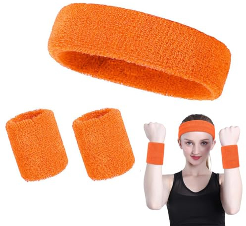 RVYEIOP 3 pièces Orange Sweat Towel Set, Contient 2 Bracelets et 1 Bandeau, adapté aux Hommes et aux Femmes, Fitness Sueur Wicking Bandeau.