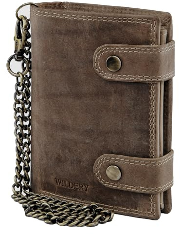 Wildery® RFID Biker Geldbörse mit Kette I Geldbeutel mit Kette Männer I Portemonnaie mit Sicherheitskette I Bikerkombibörse Hochformat I Männer Geschenke /#Vintage Chain WI110 (Dunkel Braun)