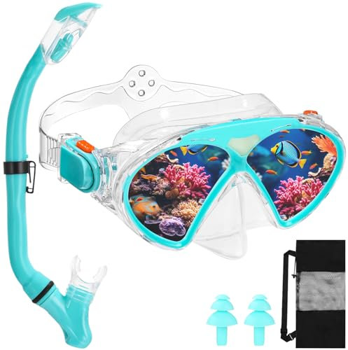 Schnorchelset Kinder, Taucherbrille Schnorcheln Set mit Panorama-Weitblick Tauchmaske, Taucherbrille Anti-Fog und Trocken Schnorchel, Schnorcheln Set für Jungen Mädchen, Taucherbrille Kinder