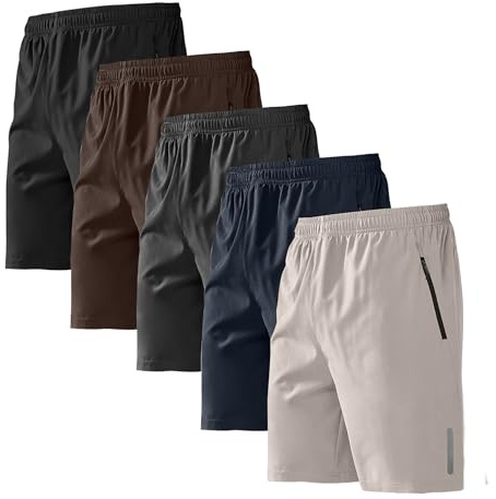 BUYJYA 5 Pack Men's Athletic Gym Shorts Set Workout Basketball Running Elastic Waist with Zipper Pocket Gift