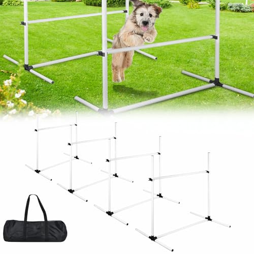 AufuN Hundar Agility Training Set, 4 x höjdjusterbara hinder + slalomstavar inklusive bärväska, professionell träningsutrustning för hundskolor och hemmabruk, 104 x 70 x 101 cm, vit