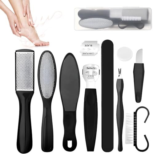 Rynvarl Set Pedicura 10 en 1, Lima para pies de acero inoxidable, Raspador de callos, Cortauñas, Herramientas profesionales para eliminar piel muerta, Cuidado de pies para hombres y mujeres