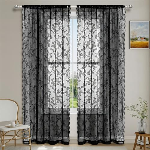 Surwin Translucidas Cortinas Salon Encaje de Color Sólido, 2 Piezas Cortina, Cocina Dormitorio Cortinas y Moderno Visillos Visillos Cortos para Ventanas (Negro,100x150cm)