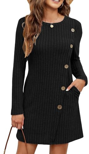 Koerye Robe Hiver Femme Elégant Décontractée Tricotée Robe Manches Longues col Rond avec Poches Casual Pull A-Line Tissu du Côtelé Pullover Noir,M