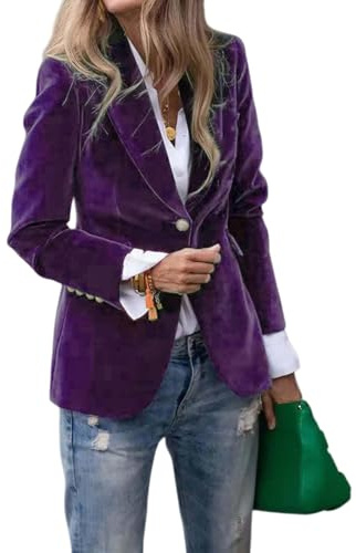Blazer de terciopelo para mujer vintage, casual de negocios con botones, chaqueta de manga larga para otoño e invierno, ropa de abrigo, abrigo de trabajo y oficina, Morado (, S
