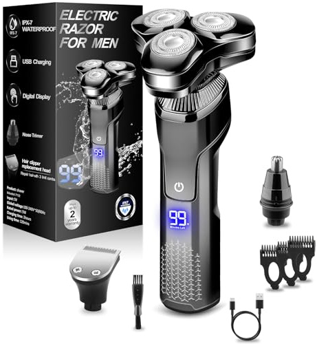 Men's Electric Razor, Upgraded 4D Floating Magnetic Blade Head Rotary Shaver, 3-in-1 Multifunctional for Beard/Nose/Sideburns, IPX7 Waterproof Rechargeable Cordless Shaver, Turbo Speed, Gift for Men