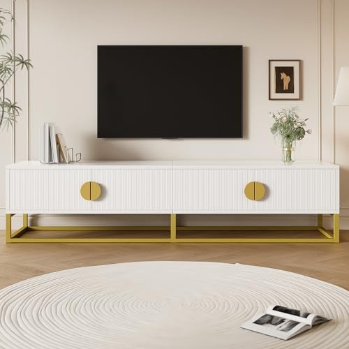 BTM 180 cm TV Cabinet in White – Modern Dining Room Cabinet, 4 Doors, Semi-Circular Handles