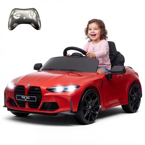Coche infantil eléctrico, compatible con BMW M4, 12V con control remoto para padres, suspensión, montaje de asa, coche infantil eléctrico a batería con luces LED, música, arranque suave - (Rojo)