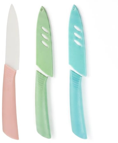 Juego de Cuchillos CeráMicos de 3 Piezas, Cuchillos de Cocina Afilados De 4 Pulgadas con Fundas Protectoras, Mango ErgonóMico, Cuchillo de Pelar Para Frutas, Verduras y Pan, Resistente y Sin Bpa