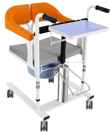 Fauteuil roulant hydraulique pour patients avec plateau de nuit, hauteur réglable de 76 à 94 cm, capacité de charge de 100 kg, dossier rabattable à 180 °, chaise de toilette pour personnes âgées