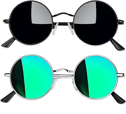 Joopin Herren Sonnenbrille Rund Hippie Set Vintage Schwarz und Polarisierte Sonnenbrille Damen Rund Grün Verspiegelt UV400 Schutz 2 Pack (Silber Grün und Voll Schwarz)