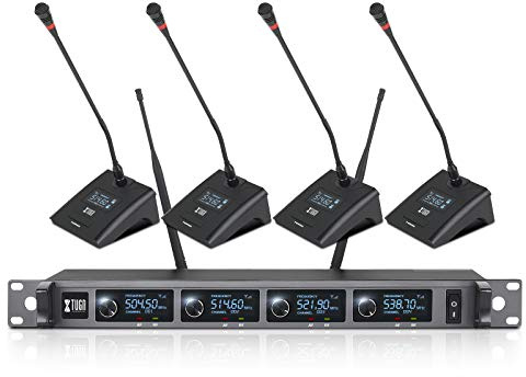 XTUGA Cordless Conference Microphone Set UHF Desktop Gooseneck Microphone with Four Conference Microphones, All Metal, Fixed Frequency, 300ft, Perfect for Church, Meeting(A140 Gooseneck)