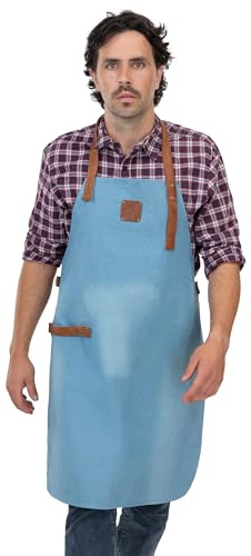 Angus Stoke Grembiule da barbecue e da cucina in denim e pelle – Grembiule per barbecue con cinturino in pelle, colore blu