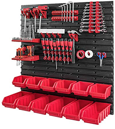 PAFEN Mur à outils avec boîtes empilables - 772 x 780 mm - Système de rangement - Ensemble de porte-outils et boîte de 18 pièces - Étagère murale - Étagère d'atelier - Étagère murale perforée - Boîtes