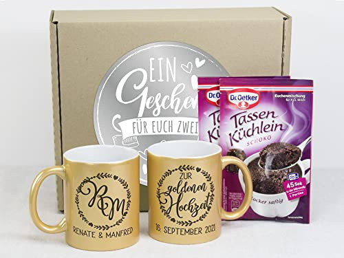 GRAZDesign Tasse Goldene Hochzeit, Geschenk zur Hochzeitstag 50 Jahre, Geschenkset Kaffeebecher mit Namen, Initialen und Datum, 330ml aus Keramik