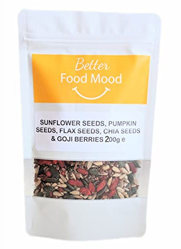 Better Food Mood Flaxseed, Sunflower, Pumpkin, Chia Seeds & Goji Berries Mix 200g | Unsalted Unroasted Sunflower and Pumpkin Seeds for Eating