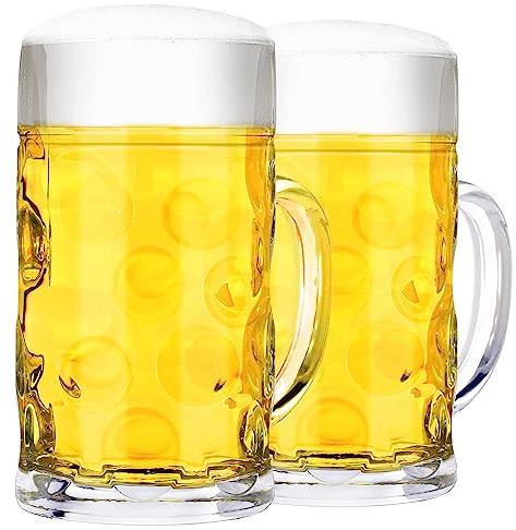 Zhehao 2 Pcs 44 oz Summer Jumbo Beer Mug Large Glass Stein Mugs with Handle Clear Drinking Mug Bulk Dimpled Cups for Juice Coffee Beer Fest Party BBQ Picnic Wedding Summer Party