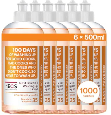 INEOS Next-Gen 2in1 Washing Up Liquid, 3L (500ml x 6), 1000 Sinkfuls, Dishwashing + Handwashing, Plant Powered, Pomelo + Yuzu, Packaging May Vary